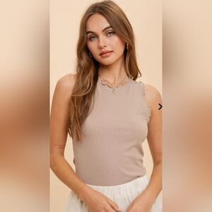 Hem & Thread Beige Scalloped Edge Ribbed Tank Top S NWT